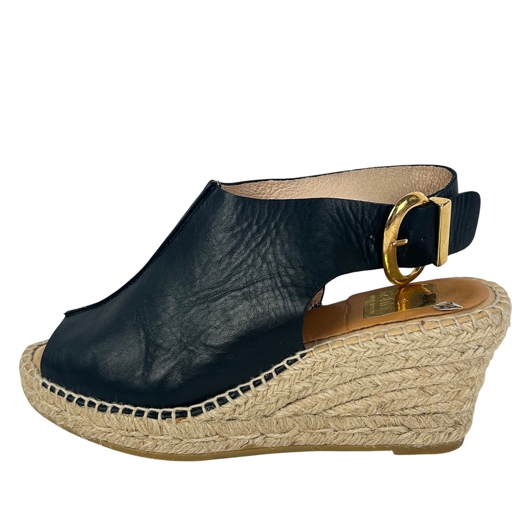 Kanna Black Leather Espadrille Wedge Sandals Gold Buckle‎ Made in Spain Size 37
